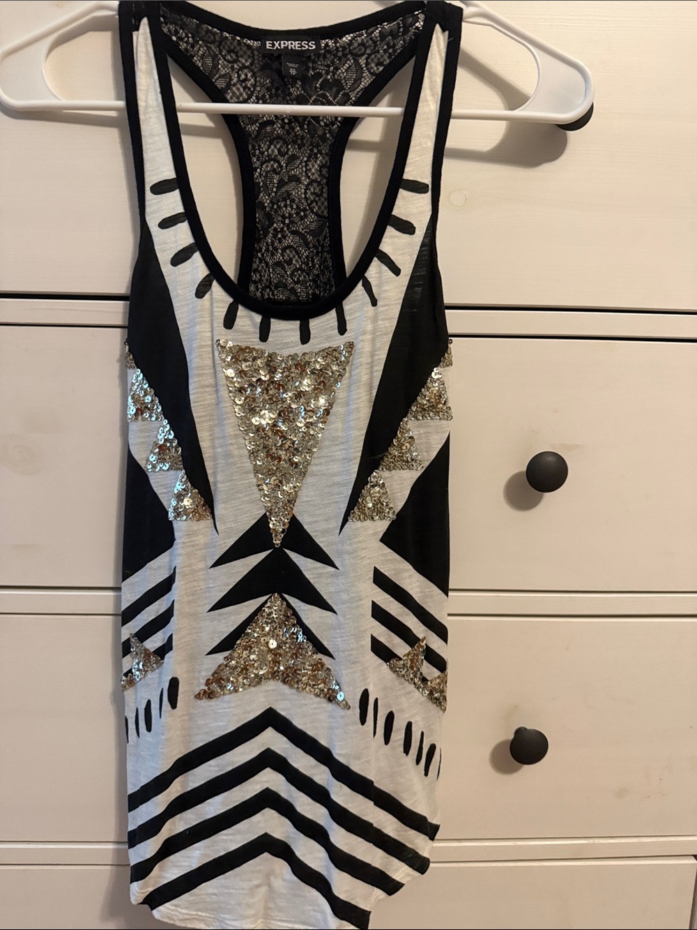 Express Black and White Tank with Gold Sequin Geometric Accents